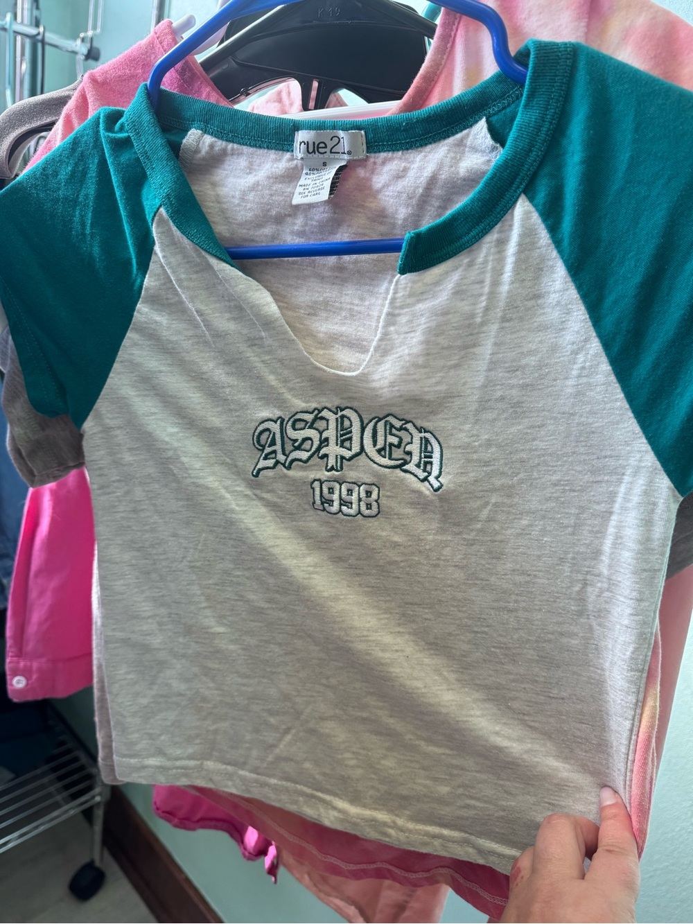 Rue21 Teal and Cream Aspen 1998 Raglan Crop Tee
